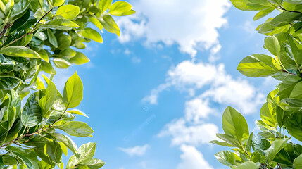 Obraz premium Lush green leaves frame blue sky; nature background