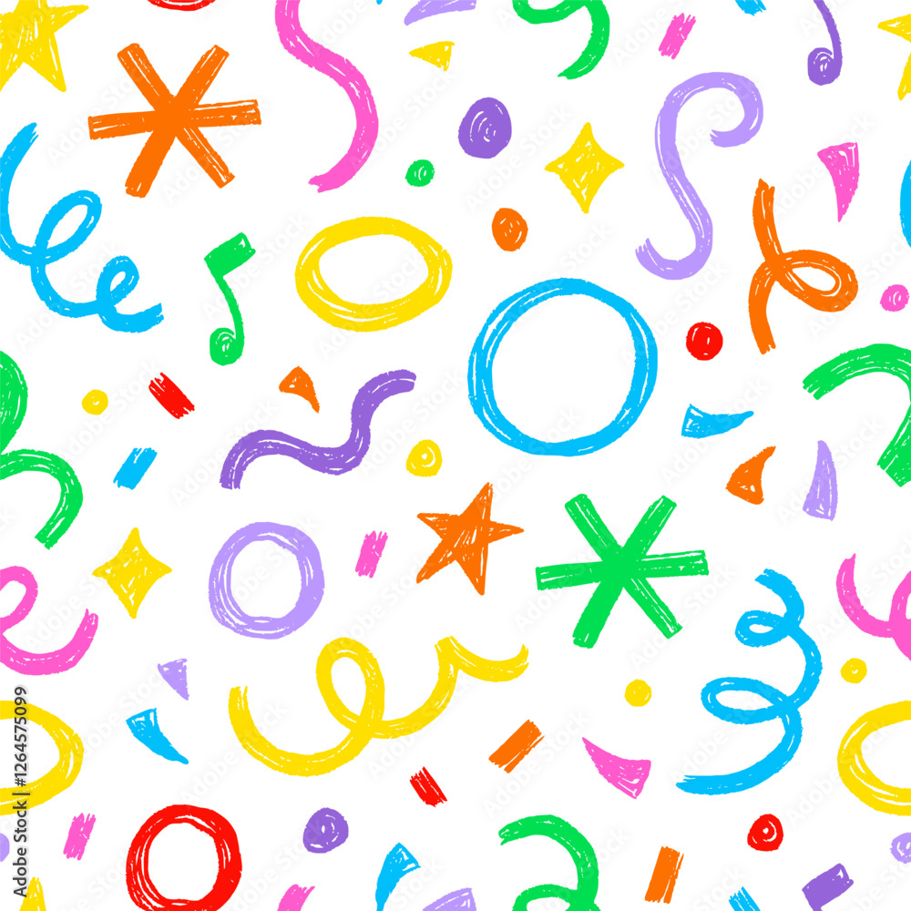 Fototapete kid seamless pattern child fun shape squiggle confetti background. hand drawn color crayon backgroun
