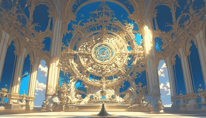 Obraz premium Gold ornate structure in hall, person below, sky background. Stock image use