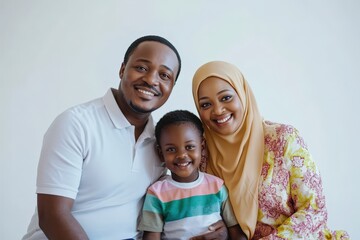 Obraz premium African Muslim Family Celebrating Eid Mubarak Festival and Posing for Photo.Fictional Character Created By Generative AI