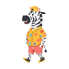 Trendy Cartoon Zebra in Hawaiian Shirt and Cap, Summer Style