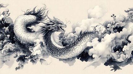 Majestic Dragon Soaring Through Clouds and Flowers