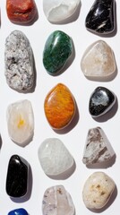 A collection of assorted gemstones and crystals arranged on a white background.
