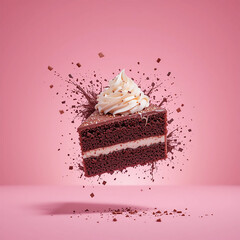 A delicious chocolate cake slice, exploding with happiness.