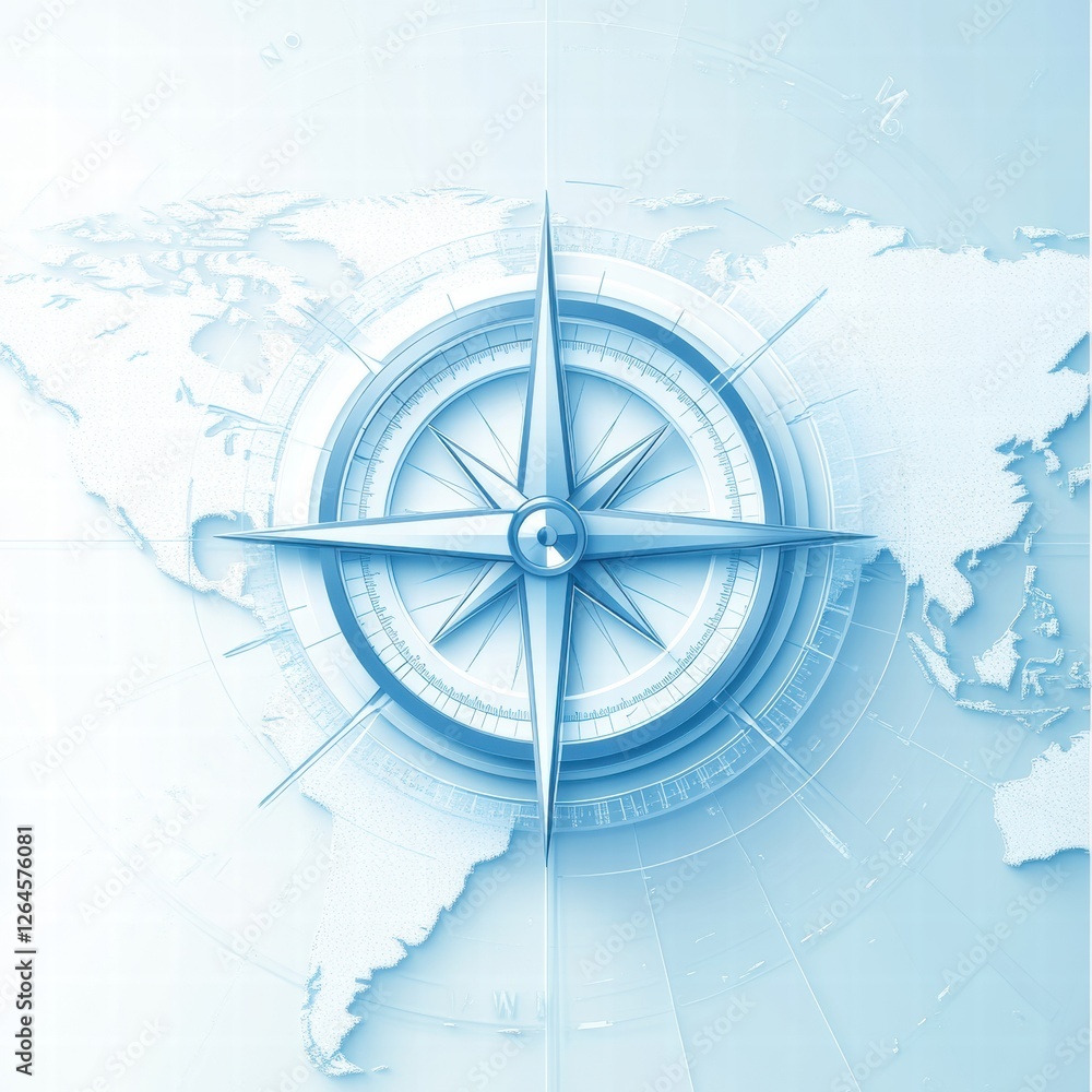 Poster modern compass design with world map background in light blue tones. generative ai