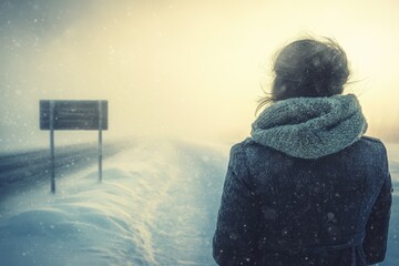 A lone woman stands on a snow-covered road, facing a blank signpost in a misty winter landscape.