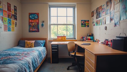 Dorm Room, Colorful Decor, Study Space, Window View