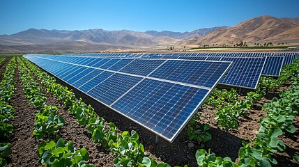 Solar Power Field: A sprawling solar power field basks under a brilliant blue sky, promising a sustainable energy future. Rows of solar panels stand tall against a backdrop of majestic mountains.