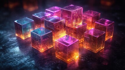 Colorful translucent ice cubes glowing in a dark environment with a mystical atmosphere