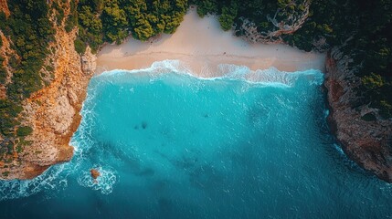 Aerial view of a serene beach with turquoise waters and lush green cliffs in the background