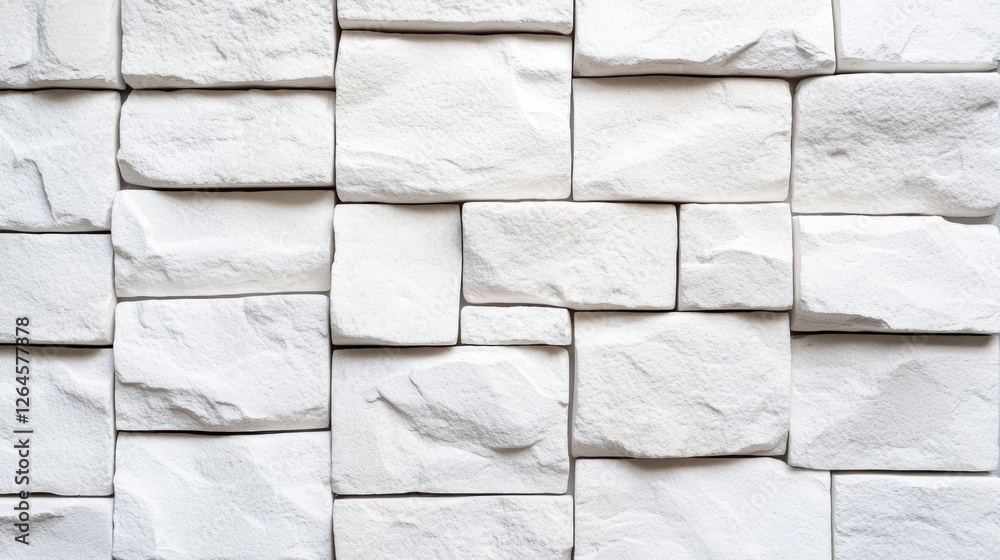 Poster a textured wall made of various white stones arranged in a geometric pattern, creating a clean and m