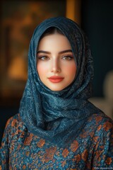 Eid Mubarak Arab Woman in Blue Hijab Posing for Photo.Fictional Character Created By Generative AI