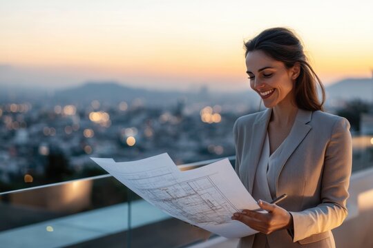 A smiling businesswoman reviews architectural blueprints at sunset, overlooking a city.