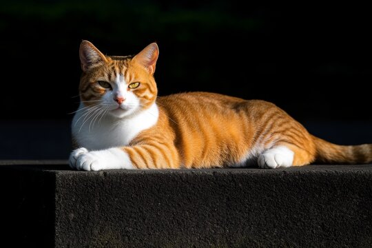 Orange tabby cat lounging on a stone surface in warm sunlight during the late afternoon