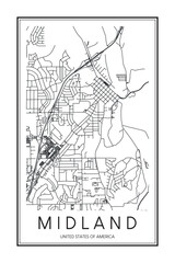 Printable downtown road map poster of the USA town of MIDLAND on solid white background with city name