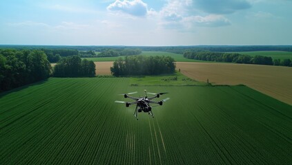 Drone surveys a green field, rural landscape, agricultural drone