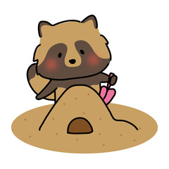 砂場で砂遊びをするタヌキ