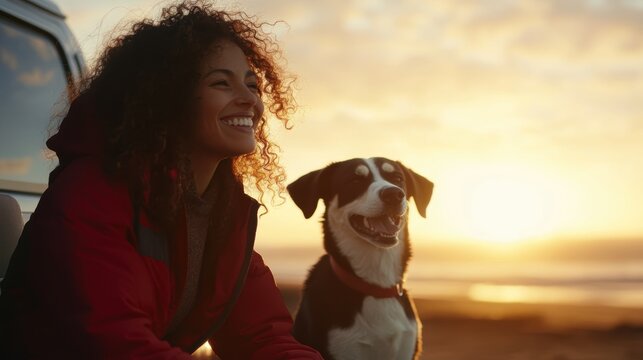 Smiling woman enjoying sunset at beach with dog by her side, capturing joyful moments of friendship and adventure by the ocean.