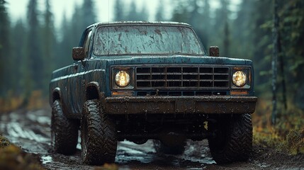 A rugged truck navigating a muddy forest road during a rainstorm, surrounded by tall trees