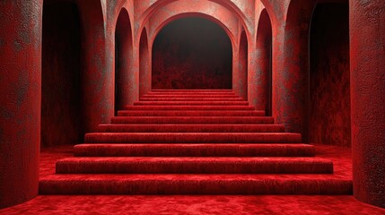 A grand staircase with red velvet steps leading to an arched, dimly lit chamber, creating a dramatic atmosphere