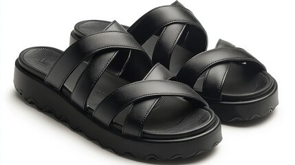 Stylish black sandals with cross straps on a white background, ideal for summer fashion use