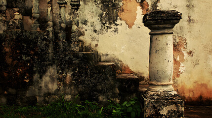 Weathered stone steps and column against a decaying stucco wall, evocative of history and time's passage.