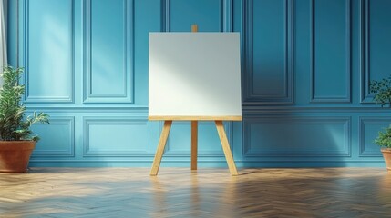 Empty canvas on easel in a bright room with blue walls and potted plants, ideal for art