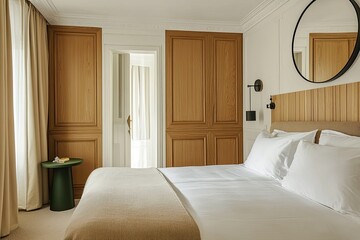 Elegant hotel bedroom with natural light, wooden accents