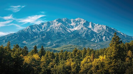 Obraz premium Majestic snow-capped mountain towering over lush green forest under a clear blue sky