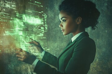 A woman in a green suit interacts with a holographic interface displaying complex data streams and code.