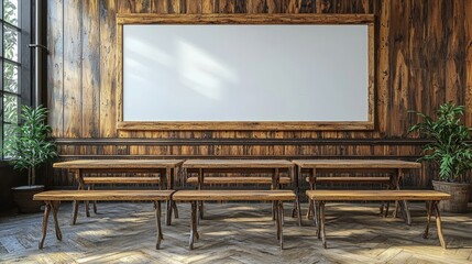 Rustic classroom setting with wooden benches and a blank whiteboard in a warm, inviting atmosphere