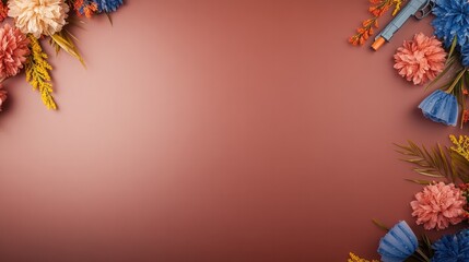 Bright floral arrangement borders warm, muted background, creati