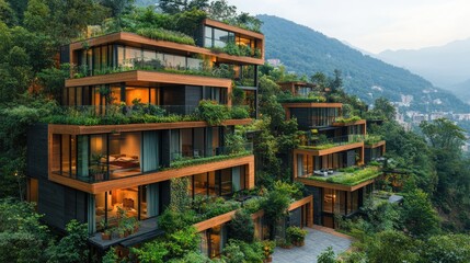 Fototapeta premium Modern eco-friendly homes nestled in lush greenery on a hillside during sunset, showcasing sustainable living