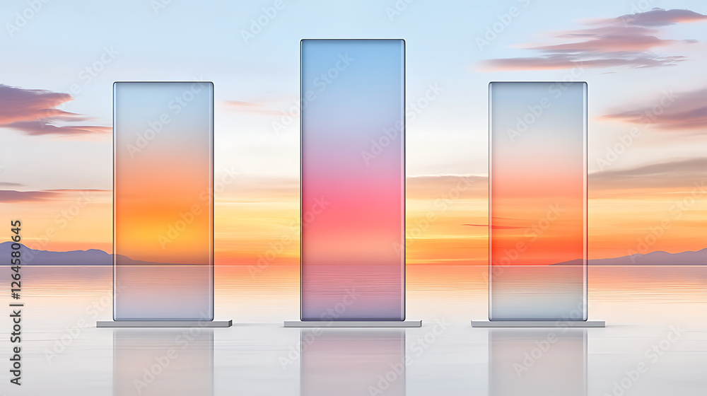Aufkleber serene sunset reflection in three glass columns creating a calming and peaceful atmosphere