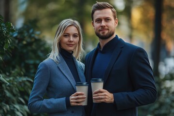 Fototapeta premium A stylish couple stands outdoors, holding coffee cups, dressed in smart casual attire, exuding confidence and sophistication.