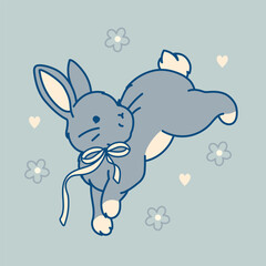 Playful happy bunny with vintage coquette ribbon bow. A dynamic hand-drawn vector print, sticker, baby shower illustration, spring holiday or nursery room decor. Soft pastel color illustration