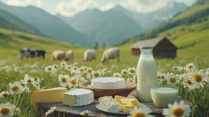 Fototapeta premium In a tranquil meadow blooming with flowers, various dairy products like cheese and milk are beautifully displayed. The serene mountain landscape enhances the countryside atmosphere