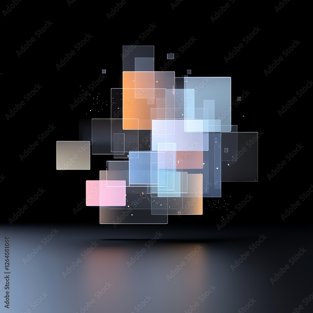 Aufkleber abstract digital squares in dynamic 3d composition on black background.
