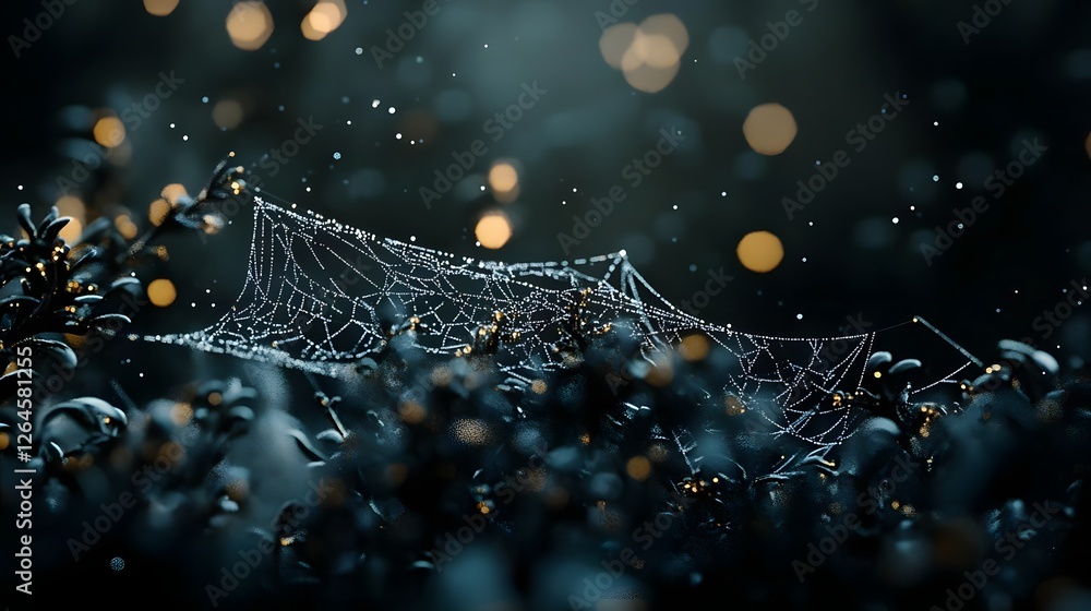 Aufkleber delicate spider web glistening with dew in a serene forest setting, illuminated by soft bokeh lights