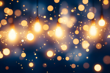 Obraz premium Magical bokeh lights background with hanging bulbs, perfect for celebratory designs, websites, or social media.