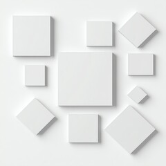 Abstract geometric composition of floating white squares on a minimalist background.