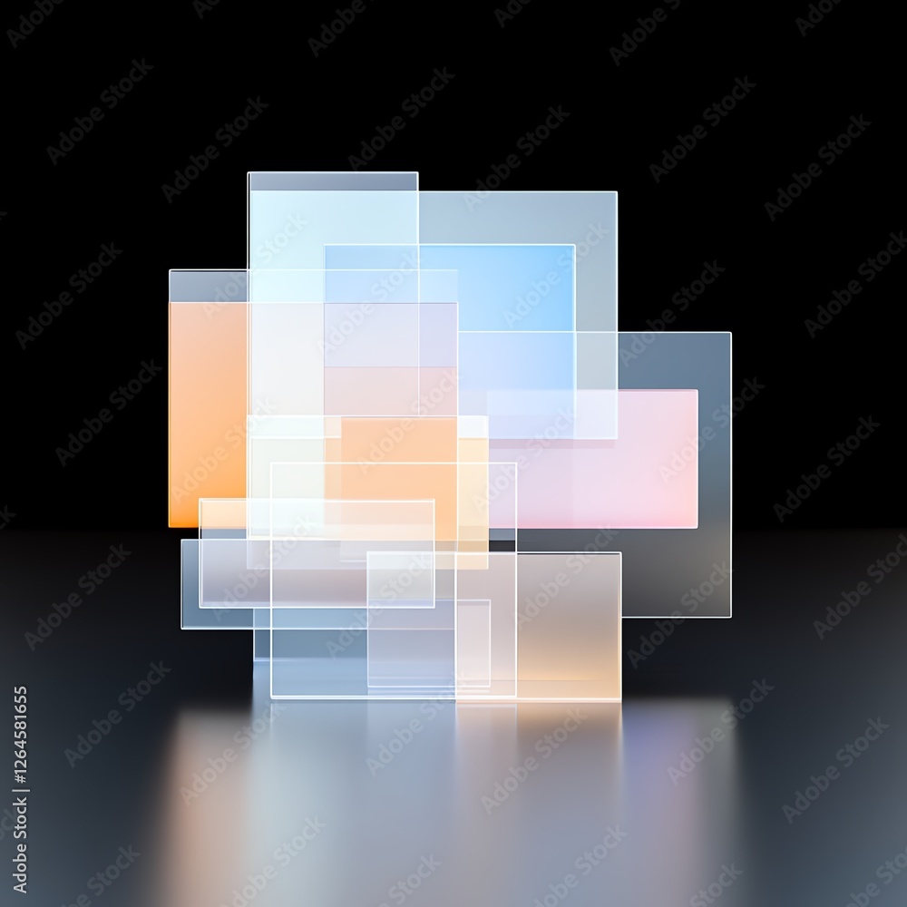 Poster abstract geometric composition with layered translucent rectangles and soft colorful lighting accent