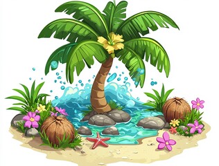 Tropical island scene with palm tree and clear blue water