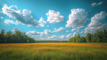 Vibrant meadow with wildflowers under a bright blue sky and fluffy clouds in the background