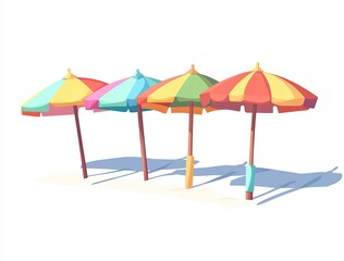 Fototapeta premium Colorful beach umbrellas stand on a sandy shoreline in bright sunlight