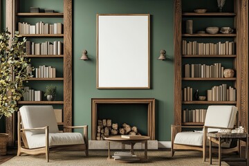 Empty frame in a cozy, green, wooden library