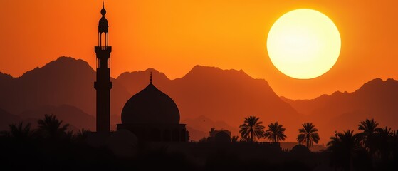 Obraz premium Sunset over Mosque Silhouette in Mountain Landscape, Scenic View of Desert at Dusk, Cultural Heritage and Nature Photography