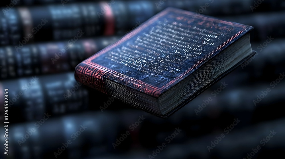 Aufkleber floating ancient book with glowing intricate design in dark library