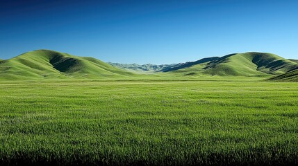 Expansive green hills under a clear blue sky with distant mountains in a serene landscape