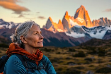 A serene older woman admires the majestic, sunlit Fitz Roy massif in Patagonia, a breathtaking landscape.